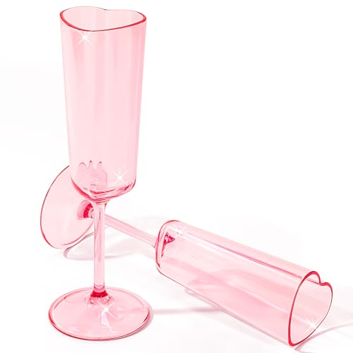 Teenyyou Valentines Day Pink Couple Glasses Set of 2, 6 oz Heart Shaped Champagne Flutes Romantic Valentines Acrylic Champagne Flutes Gift Pink Cocktail Toasting Cups Wedding Party Decoration Supply