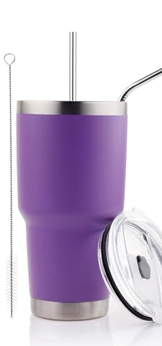 Image of 30oz Tumbler Stainless Steel Double Wall Vacuum Insulated Mug with Straw and Lid, Cleaning Brush for Cold and Hot Beverages (30oz Purple)