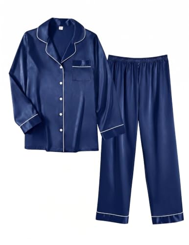 Image of Ekouaer Women Satin Pajamas Set Classic Button Down Long Pjs Set