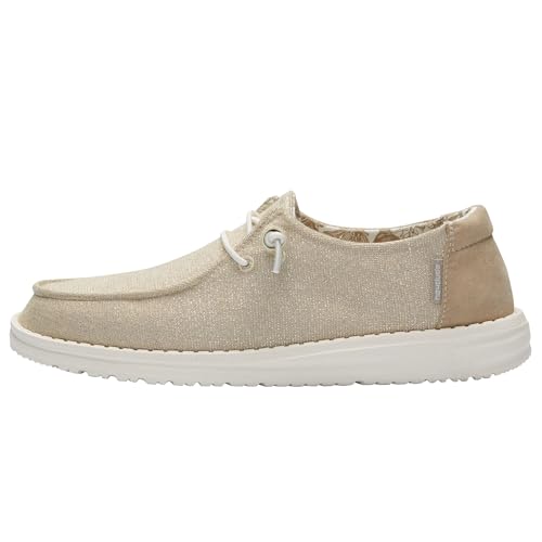 Hey Dude Women's Wendy Stretch Sparkling Beige Size 8 | Women’s Shoes | Women’s Lace Up Loafers | Comfortable & Light-Weight
