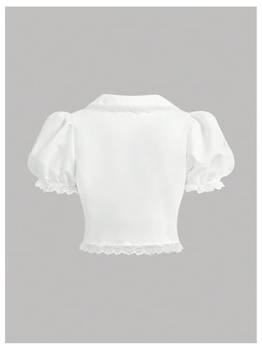SweatyRocks Girl's Contrast Lace Puff Sleeve Collar Crop Shirt Button Down Blouse Top2