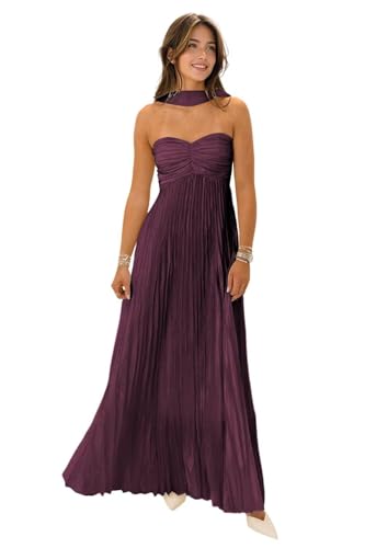 Plum Pleated Bridesmaid Dress with Scarf 2025 A-line Flowy Wedding Guest Dresses Strapless Chiffon Formal Gown US8
