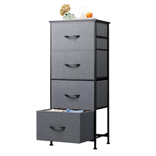 WLIVE Kommode mit 4 Schubladen aus Stoff, Kommodenschrank für Schlafzimmer, Kommode Wohnzimmer, mit Stabiler Stahlrahmen, Holzplatte, Dunkelgrau