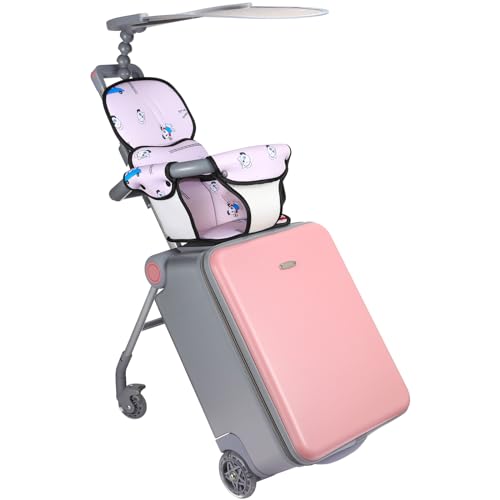Image of 20 Inch Carry on Luggage with Seat for Kids Expandable Ride on Suitcase with Spinner Wheels and Locks for Travel, Pink, 18.5 x 13.39 x 35.83 inches, Sunshade Style