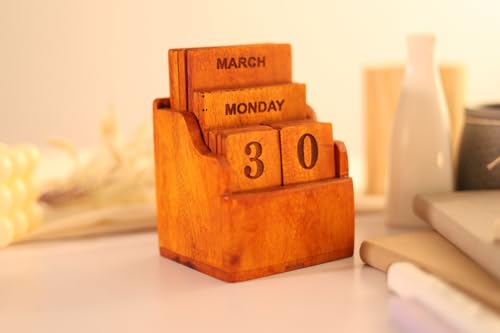 Image of Handmade Wooden Perpetual Desk Calendar | Vintage Wooden Table Calendar for Home & Office Decor (CALENDER 3)
