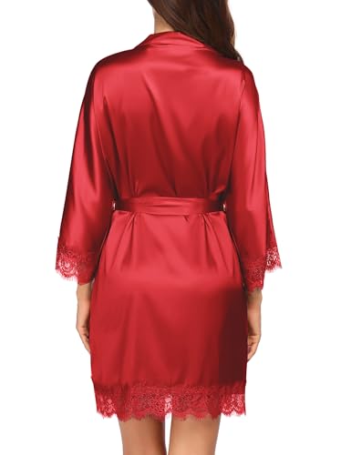 Image of Ekouaer Womens Silk Robes Short Lace Trim Satin Bride Bathrobe with Pockets