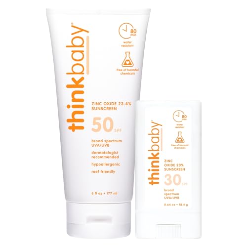 Image of Thinkbaby SPF 50+ Baby Mineral Sunscreen, 6oz + Thinkbaby SPF 30+ Sunscreen Stick, 0.64 oz, Water Resistant - Broad Spectrum UVA/UVB Sun Protection