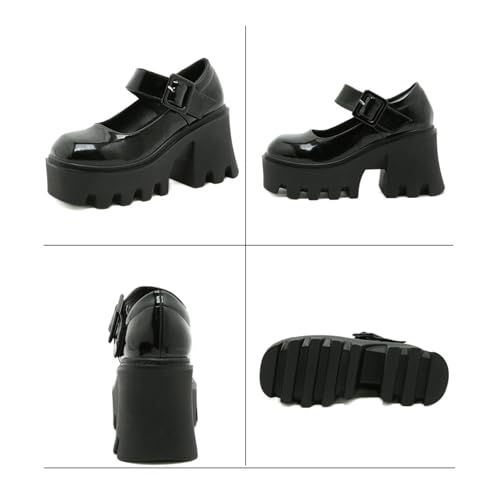 Women's Black Leather Platform Wedge Heel Mary Jane Shoes Retro Round Toe Lacquered Adjustable Buckle Non-Slip Chunky Height-Enhancing Gothic High Heels Suitable for Party Dances3