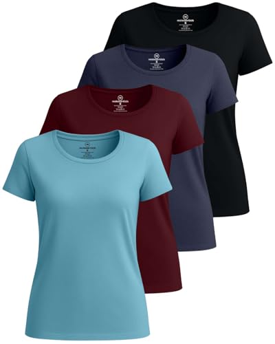 Real Essentials 4 Pack: Women's Cotton Short Sleeve T-Shirt - Casual Scoop Crew Neck Tops Tee (Available in Plus Size) - Set 5,XL