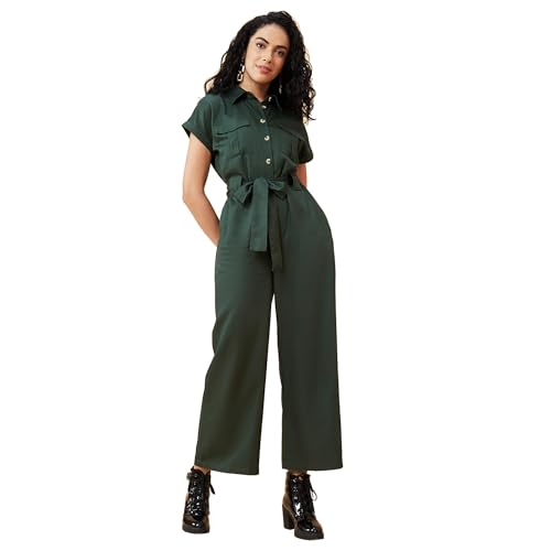 Image of Globus Women Olive Solid Shirt Collar Jumpsuit with Waist Tie-Up-3638458001