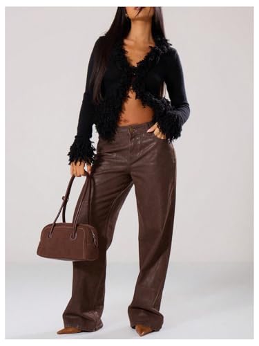 WDIRARA Women's Fuzzy Trim Cardigan Sweater Goth Punk V Neck Long Sleeve Knit Outerwear4