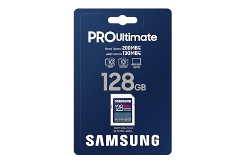 Image of SAMSUNG PRO Ultimate Full Size 128GB SDXC Memory Card, Up to 200 MB /s, 4K UHD, UHS-I, C10, U3, V30, A2, for DSLR, Mirrorless Cameras, PCs, MB-SY128S /AM