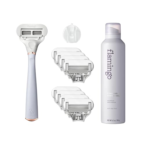 Flamingo Razors for Women - Women's Razor Set with Taro & Rose Gold Handle, 9 Razor Blade Refills, Shower Holder, 200ml Shave Gel