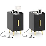 Giantex Nightstand with Charging Station Set of 2, Narrow End Table with 2 Drawers & Metal Gold Legs, Small Sofa Side Table w/ 2 USB Ports and 3 Outlets, Modern Night Stand for Small Spaces, Black