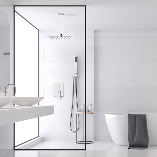 SR SUN RISE 12 Inch Ceiling Mounted Shower System Rain Mixer Combo Set Rainfall Shower Head System Faucet Trim Repair Kits Polished Chrome Rough-in Valve Body and Trim Included