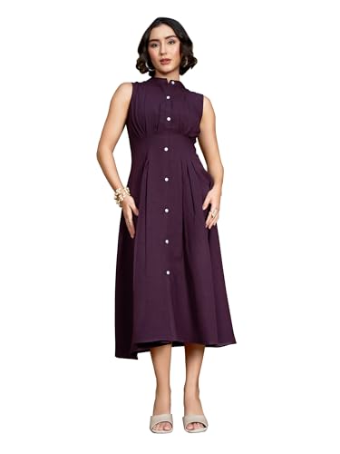 Image of PURVAJA Women's Pleated Knee Length Sleeveless Mandarin Collar Solid Dress