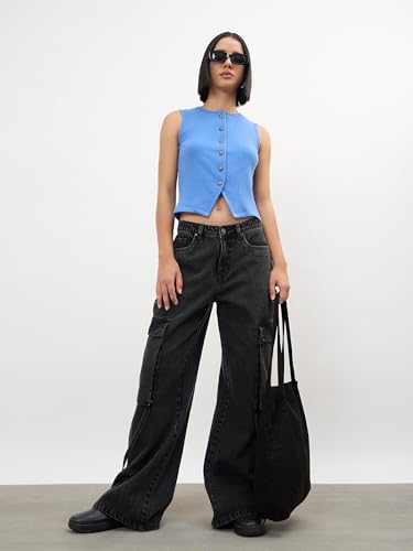 Image of Sassafras Women's Round Neck Button Down Sleeveless Top