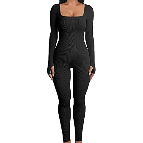 YILEEGOO Women's Sexy Ribbed Long Sleeves Scoop Neck One Piece Bodycon Jumpsuits Rompers Playsuits (Black,L) Cover
