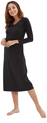 WiWi Bamboo Cotton Nightgowns for Women Soft Long Sleeve Loungewear V Neck Sleepwear Plus Size Nightshirts S-3X, Black, Large