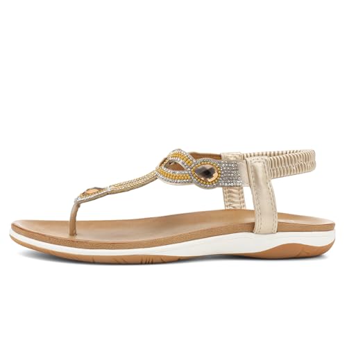 Image of UBFEN Womens Flat Sandals with Arch Support - T-Strap Thong Sandals with Elastic Back Strap, Comfortable for Walking, Bling, Rhinestone, Dressy