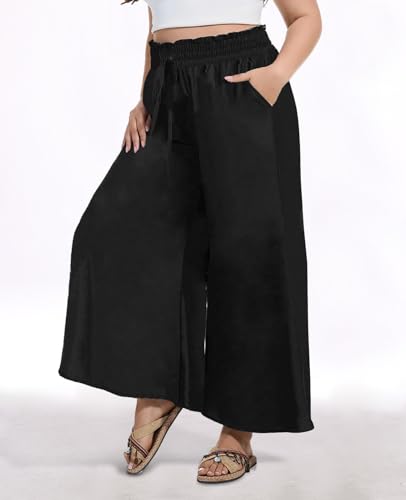 2025 Plus Size Wide Leg Pants Woman Printed Flowy Pants with Pockets Casual Summer Pants Floral Beach Trousers2