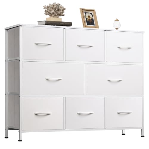 Image of WLIVE 8 Drawer Dresser for Bedroom, Fabric White Dresser with Large Storage Drawer Unit for Entryway, Chest of Drawers for Living Room