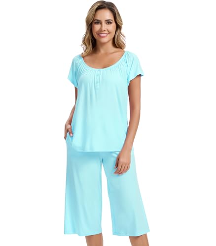 Image of NACHILA Bamboo Viscose Pajamas for Women Cooling Capri Pjs Short Sleeve Set