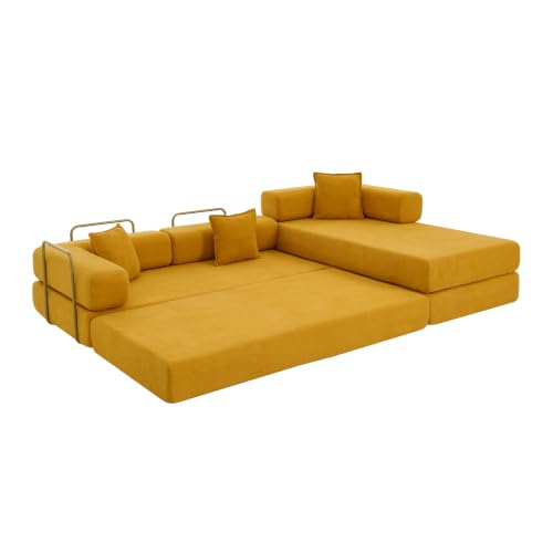 Image of HANXIN 108 inch Modular Sectional Sofa,Futon Convertible Sofa Bed,Oversized Corduroy Boneless Couch for Living Room,Floor Loveseat Sleeper with Pull Out Bed,Free Combination,No Assembly Required (Yellow)