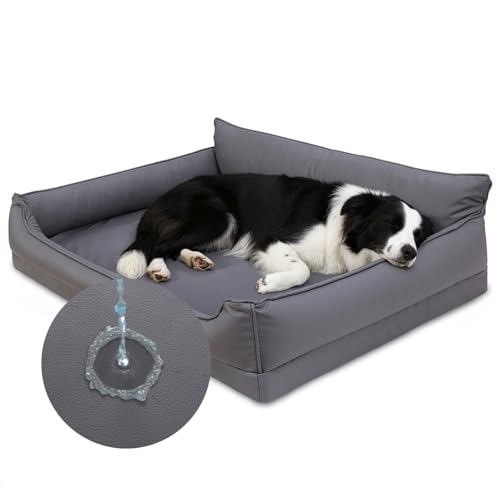 Favodormir Orthopädisches Hundebett,Wasserdicht Kunstleder Hundesofa-91x68 cm für Mittelgroße Hunde,Hundekorb mit Eierkisten-Schaum,Abnehmbarer Waschbar Hundekissen,rutschfeste Hundebetten,Grau