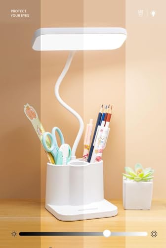 Image of Rylan Acrylonitrile Butadiene Styrene 3 Color Table Lamp for Study with Phone Holder Flexible Arm LED Touch Light with Stepless Dimming, Desk Lamps with Pen Holder, White