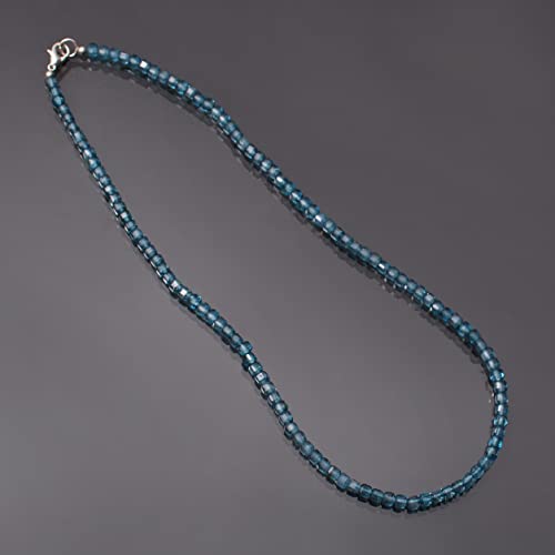 A&M Natural Blue London Topaz Beaded Necklace, Faceted Square Gemstone Box Beads, 925 Sterling Silver Chain, Handmade Healing Crystal Jewelry for Women2
