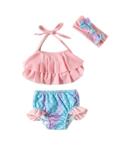 Image of Generic Chic Summer Fun: Baby Girls' 3pc Swimwear Set - Ruffle Halter Top, Mermaid Shorts & Headband, Durable & Stylish. 3-4 yr, Pink