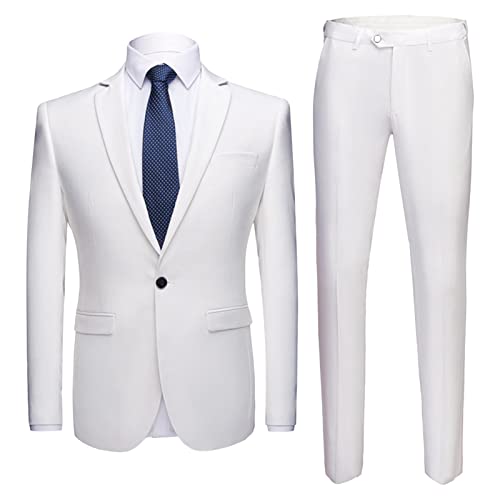 Men's One Button 2 Piece Suits Solid Formal Wedding Tux Blazer & Pants Casual Daily Party Dress Suit Jacket Set (White,5X-Large)