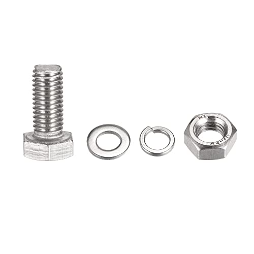 Image of uxcell M10 x 25mm Hex Head Screws Bolts, Nuts, Flat & Lock Washers Kits, 304 Stainless Steel Fully Thread Hexagon Bolts 8 Sets