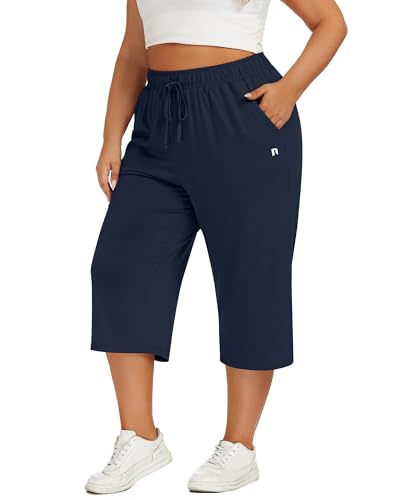 Neer 3 Pack Women's Plus Size Capris, Cotton Wide Leg Pants Casual Drawstring Capri Sweatpants Drawstring Pants with Pockets3