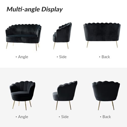 Image of HULALA HOME 3 Piece Velvet Living Room Furniture Set, Including Loveseat & 2 Sofa Chairs, Modern Comfy Upholstered 2-Seater Sofa & Accent Chair Set for Bedroom, Flower Shaped Back & Gold Legs, Black