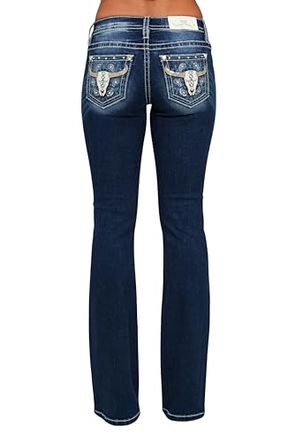 Miss Me Women's Mid-Rise Calista Longhorn Embellished Pockets Bootcut Jeans