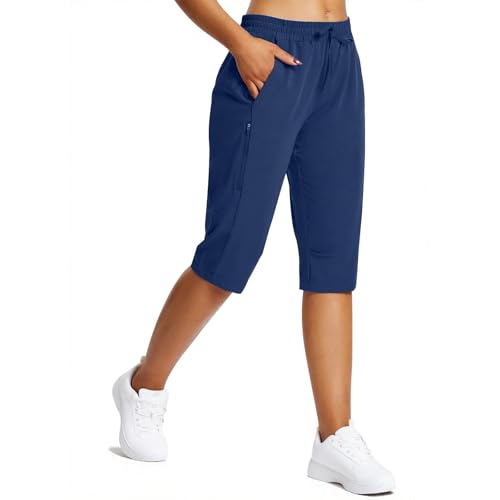 Capri Pants for Women Hiking Cargo Shorts Stretch Athletic Pant with Pockets Casual Elastic Waist Solid Color Trouser2