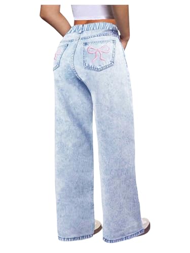 GORGLITTER Girl's Bow Jeans Y2K Baggy Jeans Graphic High Waisted Wide Leg Denim Pants