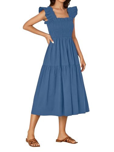 Image of Rooscier Women's A Line Smocked Midi Dress | Summer Sleeveless Square Neck Casual Sundress