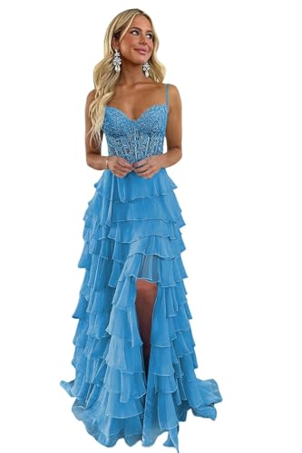 Lace Appliques Tiered Prom Dresses with Slit 2025 Spaghetti Strap Corset Ruffle Chiffon Formal Evening Gowns