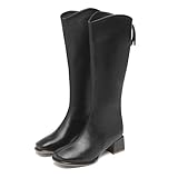 [Minax] ロングブーツ レディース 歩きやすい スクエアトゥ ストレッチ チャンキーヒール バックファスナー 通勤 通学 コスプレ 黒 ブラウン 春秋冬 美脚 823(ブラック,24.5cm)