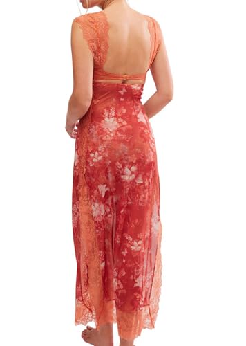 Image of Women Sexy Lace Patchwork Mesh Dress Floral Print Cutout Sweetheart Neck Backless Slit Summer Maxi Dress