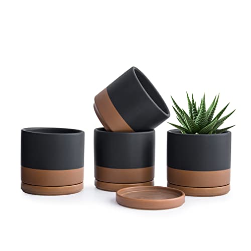 D'vine Dev Set of 4 Small Ceramic Plant Pots, 4.6 Inch Succulent Planter Pot for Plants with Drainage Hole and Saucer, Black/Speckled Tan, 94-X-B-7