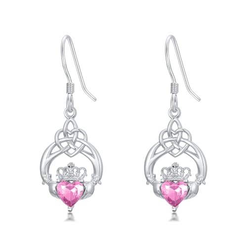 Seiyang Celtic Claddagh Pink Tourmaline Birthstone Earring 925 Sterling Silver Irish Claddagh Dangle Drop Earrings with October Birthstone Celtic Irish Lucky Jewelry Gifts for Women