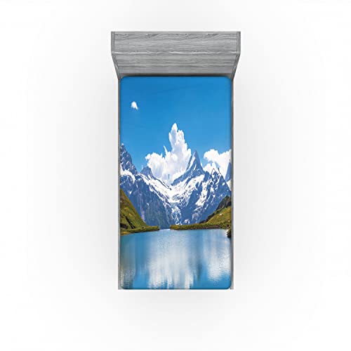 Ambesonne Landscape Fitted Sheet, Dreamy View of Alpine Lake with Snow Frozen Peaks Swiss Northern Explore, Soft Decorative Fabric Bedding All-Round Elastic Pocket, Twin Size, Azure Blue