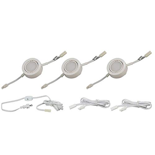 Image of 3 LED Puck Light Kit - White Cover with Warm White Light (3,000k) - Under Cabinet and Furniture - 120v /110v - Dimmable - Line-Voltage (No Transformer Needed) (Warm White Light /White Cover 3 Pack)