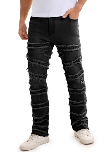 Mens Stacked Jeans Slim Fit Distressed Destroyed Ripped Stretch Flared Jeans for Men3
