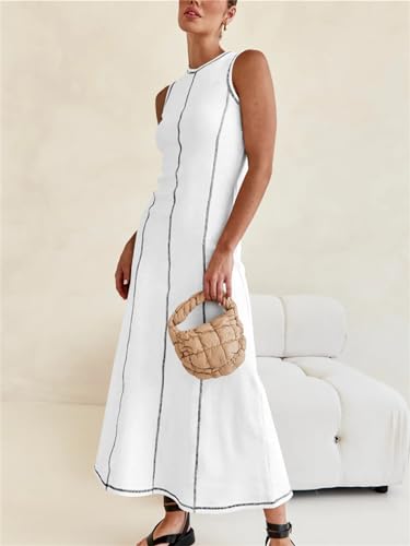 Image of Women's 2025 Summer Sundress Elegant Casual Crew Neck Sleeveless Knit Striped Bodycon Maxi Dress