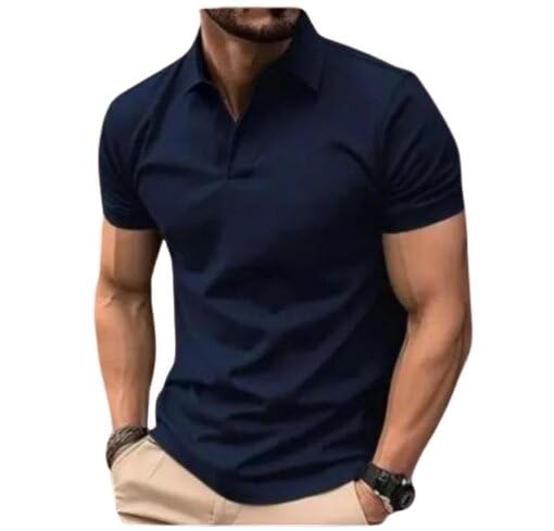 Image of Men's Premium Solid Polo T-Shirt | Cotton Blend Half Sleeve Casual & Sports Tee for Men | Regular Fit Stylish Navy Blue L
